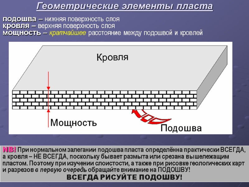 Геометрические элементы пласта подошва – нижняя поверхность слоя  кровля – верхняя поверхность слоя